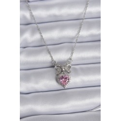 316L Çelik Gümüş Renk Zincir Pembe Kristal Kalp Zirkon Taşlı Kurdele Model Kadın Kolye