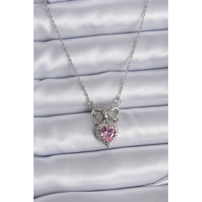 316L Çelik Gümüş Renk Zincir Pembe Kristal Kalp Zirkon Taşlı Kurdele Model Kadın Kolye