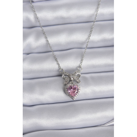316L Çelik Gümüş Renk Zincir Pembe Kristal Kalp Zirkon Taşlı Kurdele Model Kadın Kolye