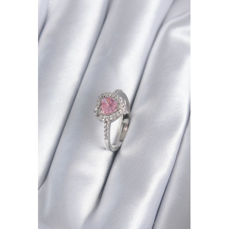 Pirinç Gümüş Renk Pembe Zirkon Taş Kalp Charm Model Kadın Yüzük