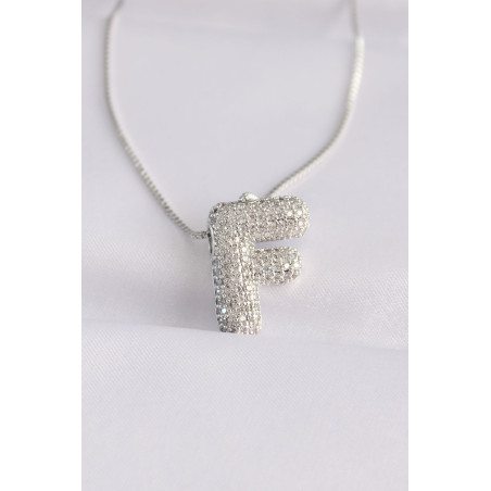 316L Çelik Zincirli Zirkon Taşlı F Harfli Silver Renk Bubble Kolye