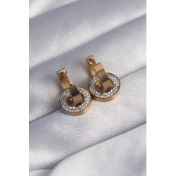 316L Çelik Gold Renk Zirkon Taşlı İç İçe Geçmeli Oval Küpe