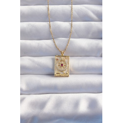 316L Çelik Zincir Gold Renk Pembe Zirkon Taşlı Tarot Kolye