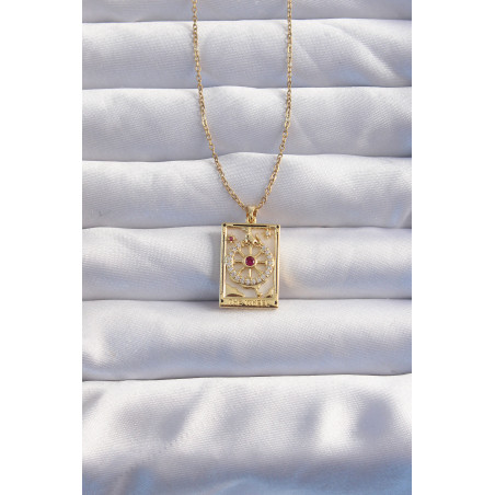 316L Çelik Zincir Gold Renk Pembe Zirkon Taşlı Tarot Kolye