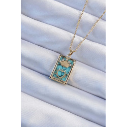 316L Çelik Zincir Altın Renk Zirkon Taşlı Mavi Mermer Desenli Taç Model Tarot Kolye