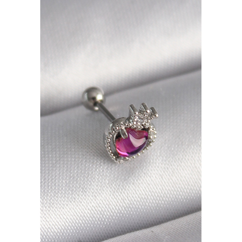 316L Çelik Gümüş Renk Pembe Mineli Kalp Zirkon Taş Detaylı Taç Tragus Piercing