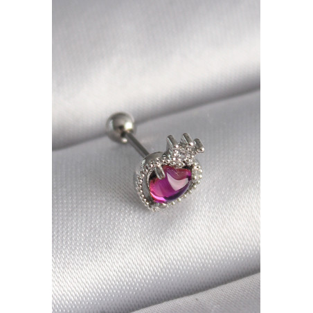 316L Çelik Gümüş Renk Pembe Mineli Kalp Zirkon Taş Detaylı Taç Tragus Piercing