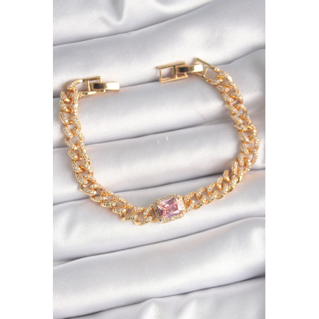 Pirinç Gold Renk Pembe Kare Zirkon Taşlı VIP Seri Kadın Bileklik