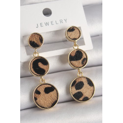 Pirinç Gold Renk 3'Lü Leopar Desenli Sallantı Daire Plaka Model Kadın Küpe