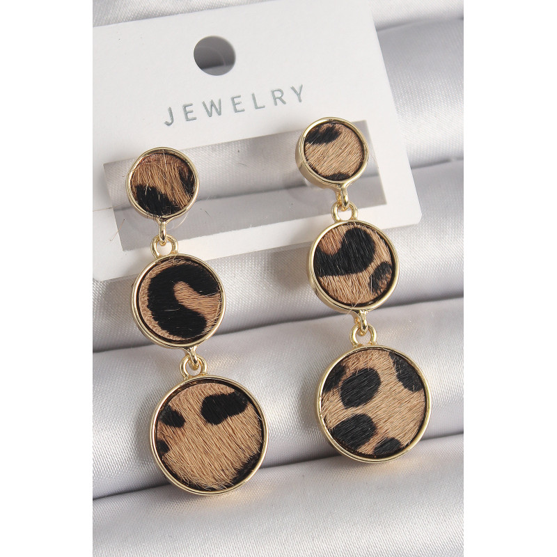 Pirinç Gold Renk 3'Lü Leopar Desenli Sallantı Daire Plaka Model Kadın Küpe