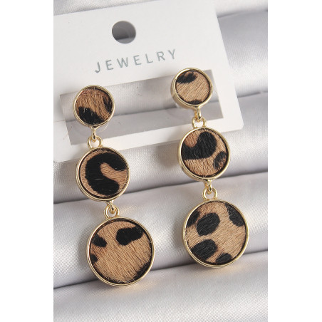 Pirinç Gold Renk 3'Lü Leopar Desenli Sallantı Daire Plaka Model Kadın Küpe