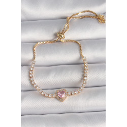 Pirinç Gold Renk Su Yolu Zirkon Taşlı Pembe Zirkon Taşlı Kalp Asansör Model Charm Kadın Bileklik