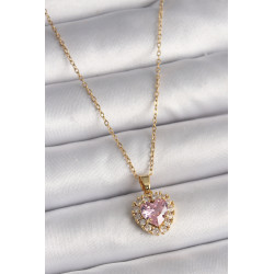 316L Çelik Gold Renk Zincir Pembe Zirkon Taşlı Kalp Model Kadın Kolye