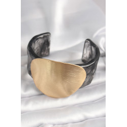Siyah Mermer Desen Akrilik Plastik Gold Daire Plaka Model Vintage Kadın Bilezik