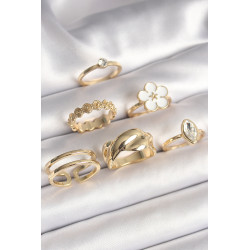 Pirinç Gold Renk Beyaz Çiçek Figür Zirkon Taşlı Kadın 6'Lı Kadın Yüzük Seti
