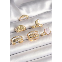 Pirinç Gold Renk Pembe Damla Mineli Sarmal İşleme Detaylı 6'Lı Kadın Yüzük Seti