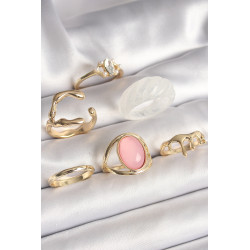 Pirinç Gold Renk Zirkonlı Oval Pembe Mineli 6'Lı Kadın Yüzük Seti
