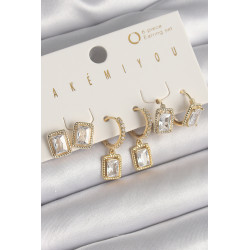 Pirinç Gold Renk Sallantı Kare Zirkon Taşlı VIP Seri Kadın Küpe Seti