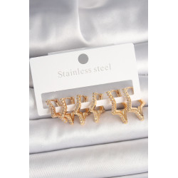 Pirinç Gold Renk Zirkon Taşlı 3 Çift Yıldız Model Kadın Küpe
