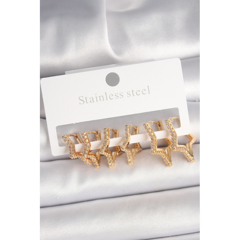Pirinç Gold Renk Zirkon Taşlı 3 Çift Yıldız Model Kadın Küpe