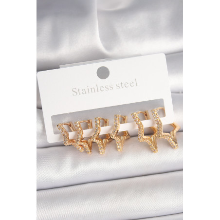 Pirinç Gold Renk Zirkon Taşlı 3 Çift Yıldız Model Kadın Küpe