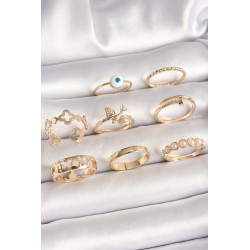 Pirinç Gold Renk Nazar Boncuk Model Kuş Detay Kadın Yüzük Kombini