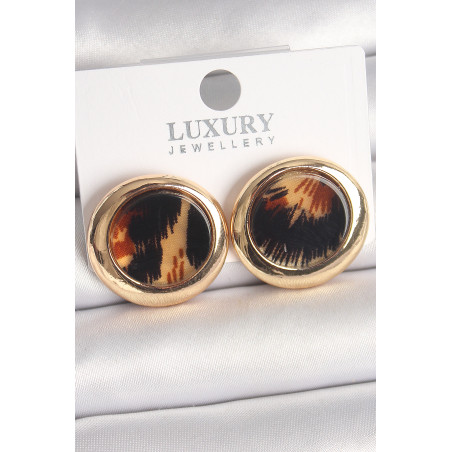 Pirinç Gold Renk Leopar Desen Daire Model Kadın Küpe