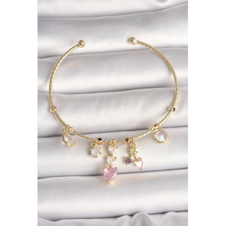 Pirinç Gold Renk Sallantı Zirkon Taşlı Kalp Figür Pembe Kalp Detay Charm Kadın Bileklik