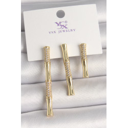 Pirinç Gold Renk Zirkon Taşlı Bambu Model 3'Lü Kadın Kombin Küpe