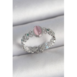 Pirinç Gümüş Renk Zirkon Taş Detaylı Pembe Mineli Damla Model Ayarlanabilir Kadın Yüzük