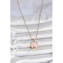 316L Çelik Gold Renk Zincir Pembe Papatya İşlemeli İnci Detay Kadın Kolye