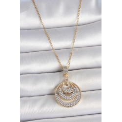 316L Çelik Gold Renk Zirkon Taşlı Madalyon Model Kadın Kolye