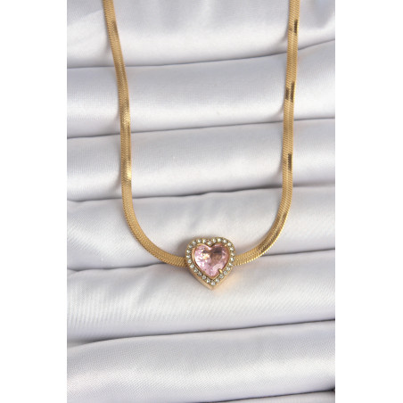 316L Çelik Gold Renk İtalyan Zincir Pembe Zirkon Taşlı Kalp Model Kadın Kolye