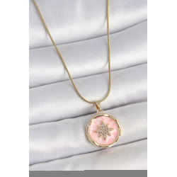 316L Çelik Gold Renk Zincir Pembe Mineli Zirkon Taşlı Kuzey Yıldız İşlemeli Madalyon Model Kadın Kolye