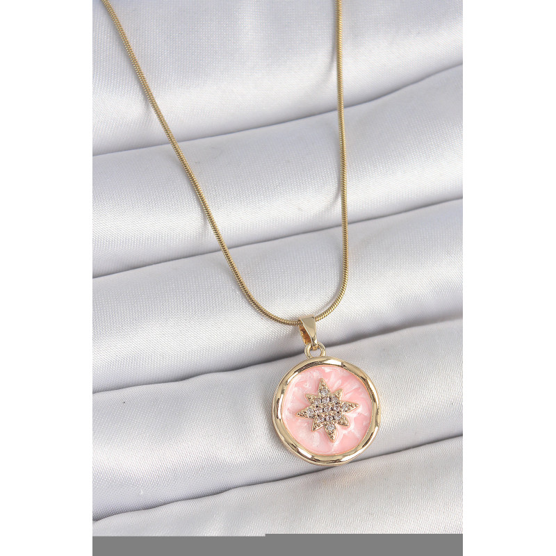 316L Çelik Gold Renk Zincir Pembe Mineli Zirkon Taşlı Kuzey Yıldız İşlemeli Madalyon Model Kadın Kolye