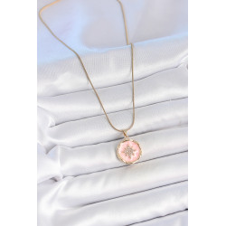 316L Çelik Gold Renk Zincir Pembe Mineli Zirkon Taşlı Kuzey Yıldız İşlemeli Madalyon Model Kadın Kolye