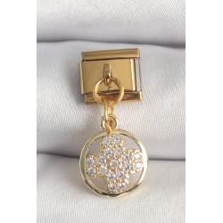 316L Çelik Gold Renk Sallantı Zirkon Taşlı Yonca Model Nomination Charm