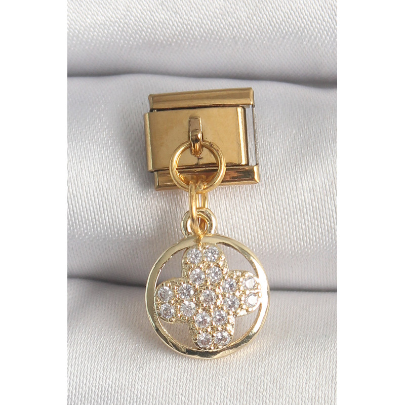 316L Çelik Gold Renk Sallantı Zirkon Taşlı Yonca Model Nomination Charm