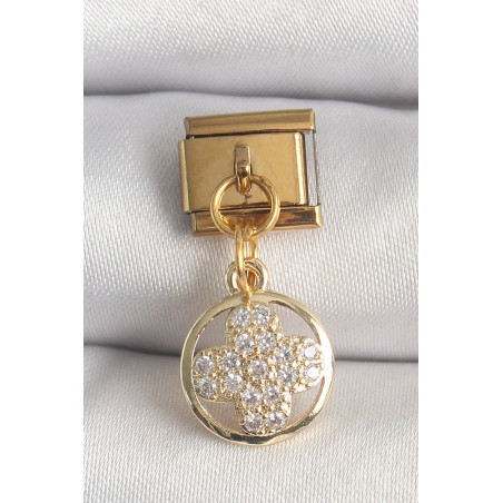 316L Çelik Gold Renk Sallantı Zirkon Taşlı Yonca Model Nomination Charm
