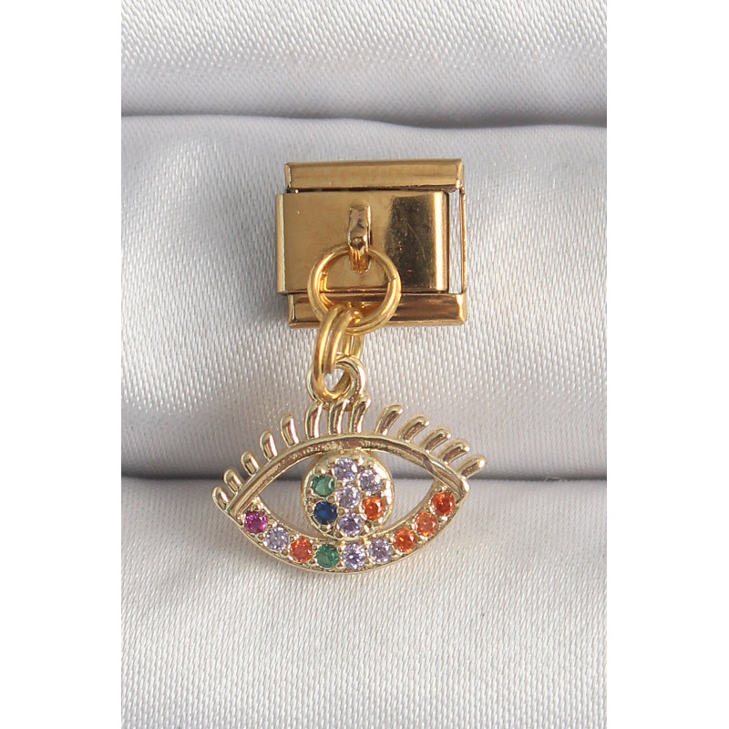 316L Çelik Gold Renk Sallantı Renkli Zirkon Taşlı Göz Model Nomination Charm