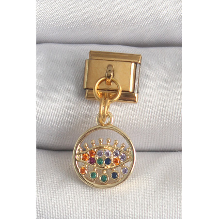 316L Çelik Gold Renk Sallantı Renkli Zirkon Taşlı Göz Model Nomination Charm
