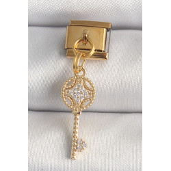 316L Çelik Gold Renk Sallantı Zirkon Taşlı Anahtar Model Nomination Charm
