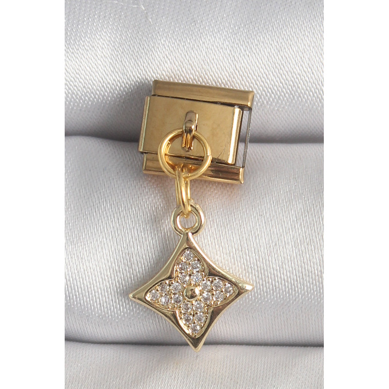 316L Çelik Gold Renk Sallantı Zirkon Taşlı Çiçek İşlemeli Nomination Charm