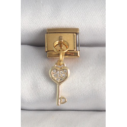 316L Çelik Gold Renk Sallantı Zirkon Taşlı Kalpli Anahtar Model Nomination Charm