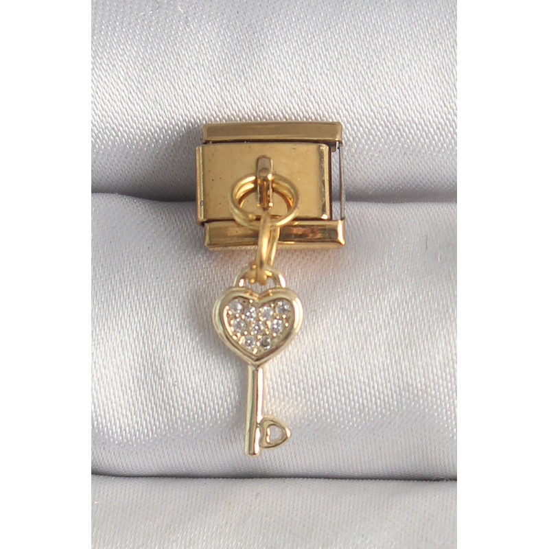 316L Çelik Gold Renk Sallantı Zirkon Taşlı Kalpli Anahtar Model Nomination Charm