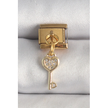 316L Çelik Gold Renk Sallantı Zirkon Taşlı Kalpli Anahtar Model Nomination Charm
