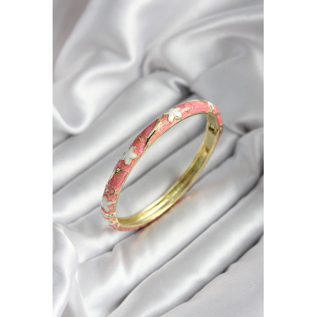 Mineli Pirinç Pembe Çiçek Desenli Gold Renk Kadın Kelepçe (çap 60 mm)