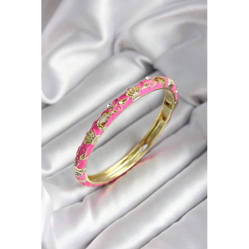 Mineli Pirinç Pembe Çiçek Desenli Gold Renk Kadın Kelepçe