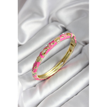 Mineli Pirinç Pembe Çiçek Desenli Gold Renk Kadın Kelepçe