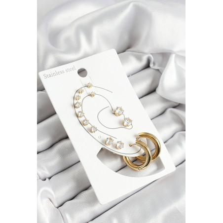 316L Çelik Halka Figürlü Ve Zirkon Taşlı Gold Renk 7'li Çift Kadın Küpe Set